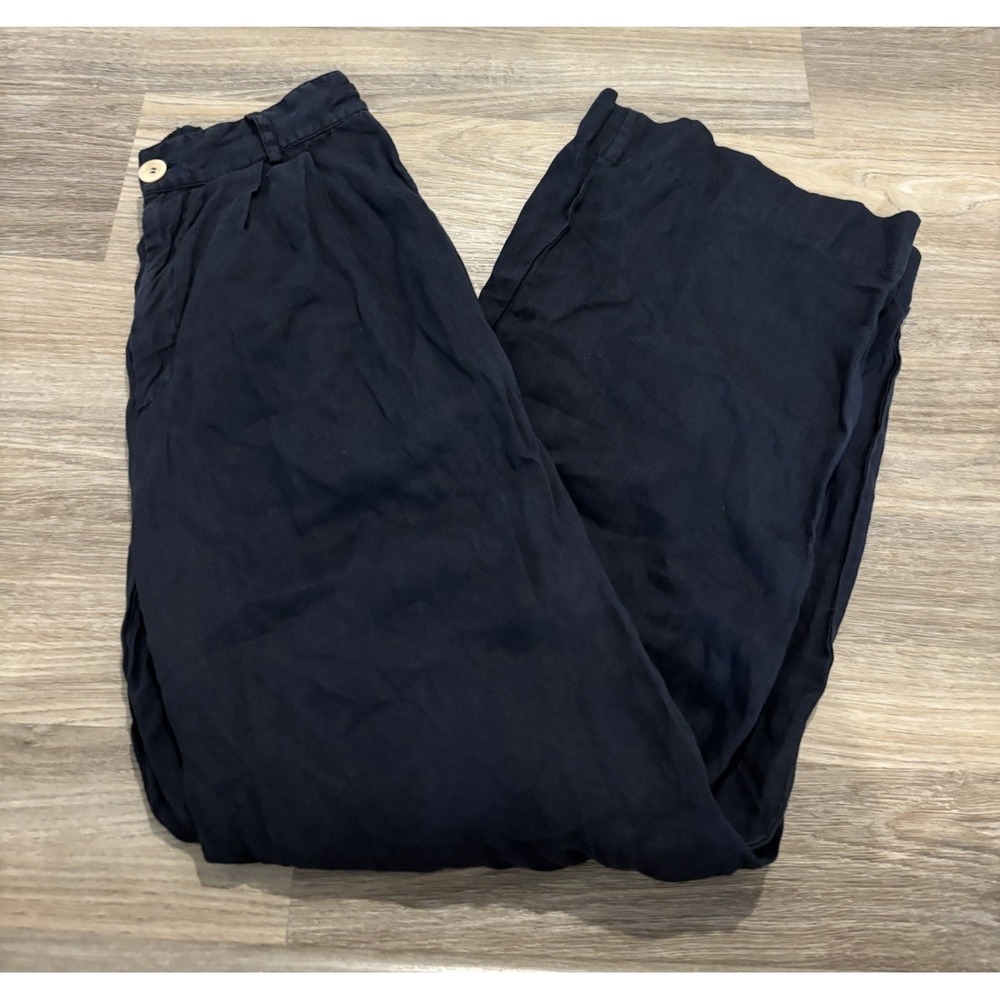 Stateside Women's Navy Blue Linen Blend Wide Leg Zip Button Pants Size Small